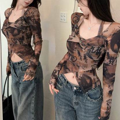 Halter Neck Irregular Fashion Sexy Print Long-Sleeved T-Shirt