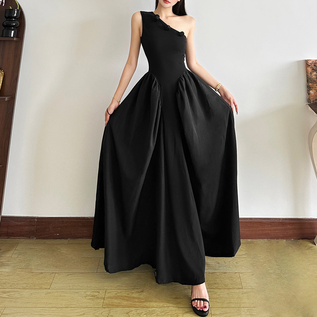 Floral One-Shoulder Slim High Waist Dress