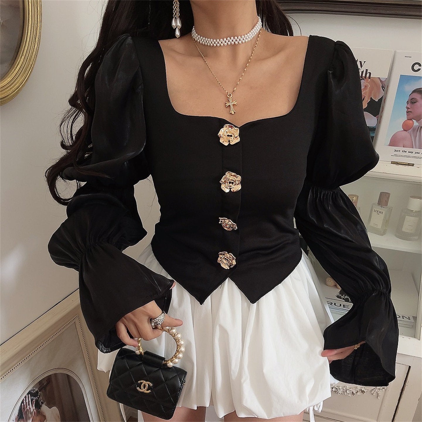 French Retro Lantern Sleeve Black Shirt