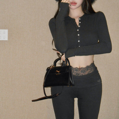 Sexy Long-Sleeved Top And High-Waisted Slightly Flared Casual Pants Two-Piece Set