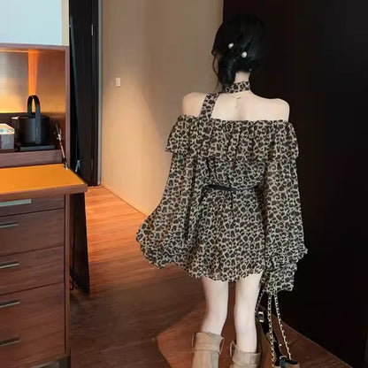Retro Sexy Leopard Print Off-Shoulder T-Shirt With Belt