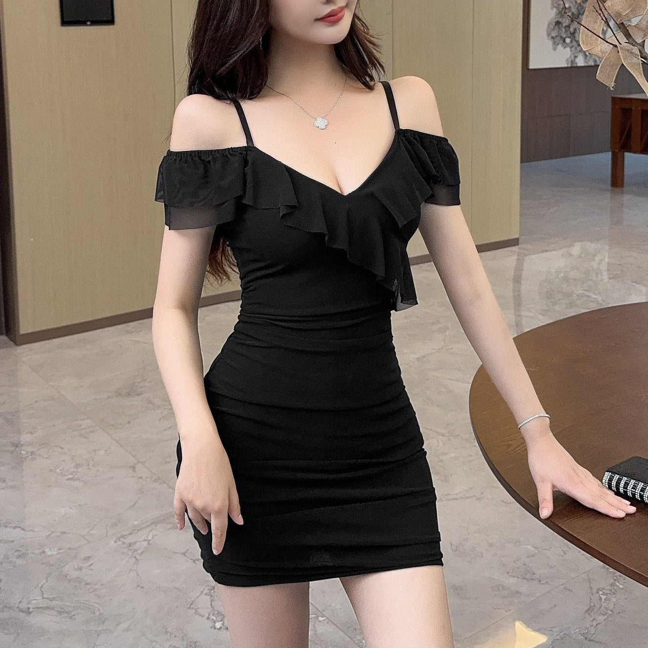 Ruffled Off-Shoulder Spaghetti Strap Dress