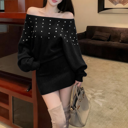 French-Style Sexy Off-Shoulder Rhinestone Knit Dress
