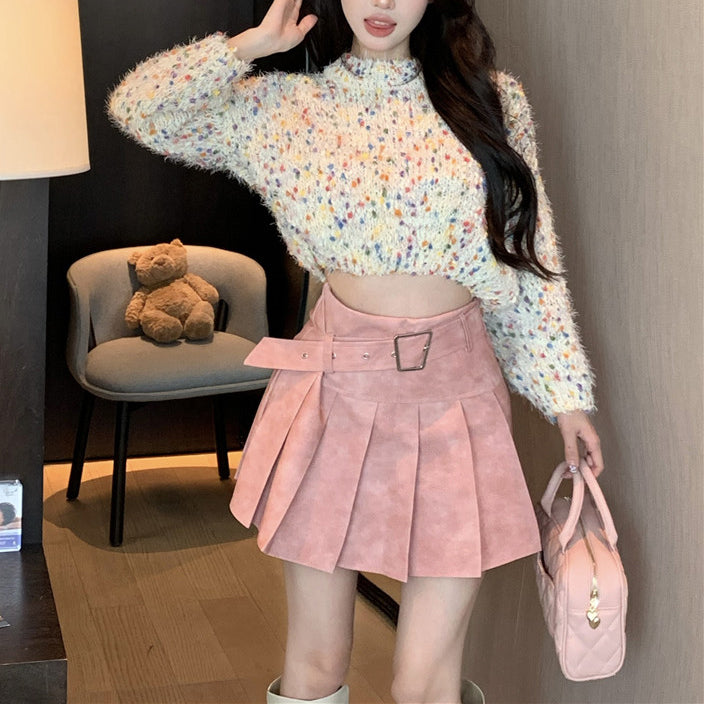 Sexy Colorful Crochet Knit Sweater And Pleated Skirt Set