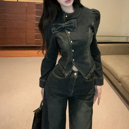 French-Style Sexy Bow-Knot Irregular Denim Top And High-Waisted Pants Set