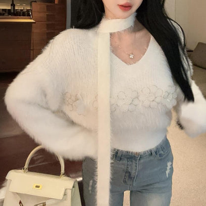 Sweet And Sexy Fluffy Ribbon Knitted Sweater