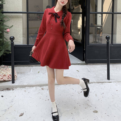 Polo-Neck Knitted Black Dress