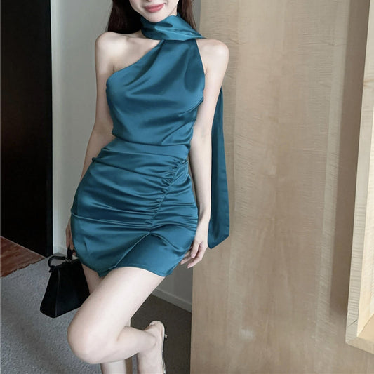Sexy Halter-Neck Ribbon Silk Sleeveless Dress
