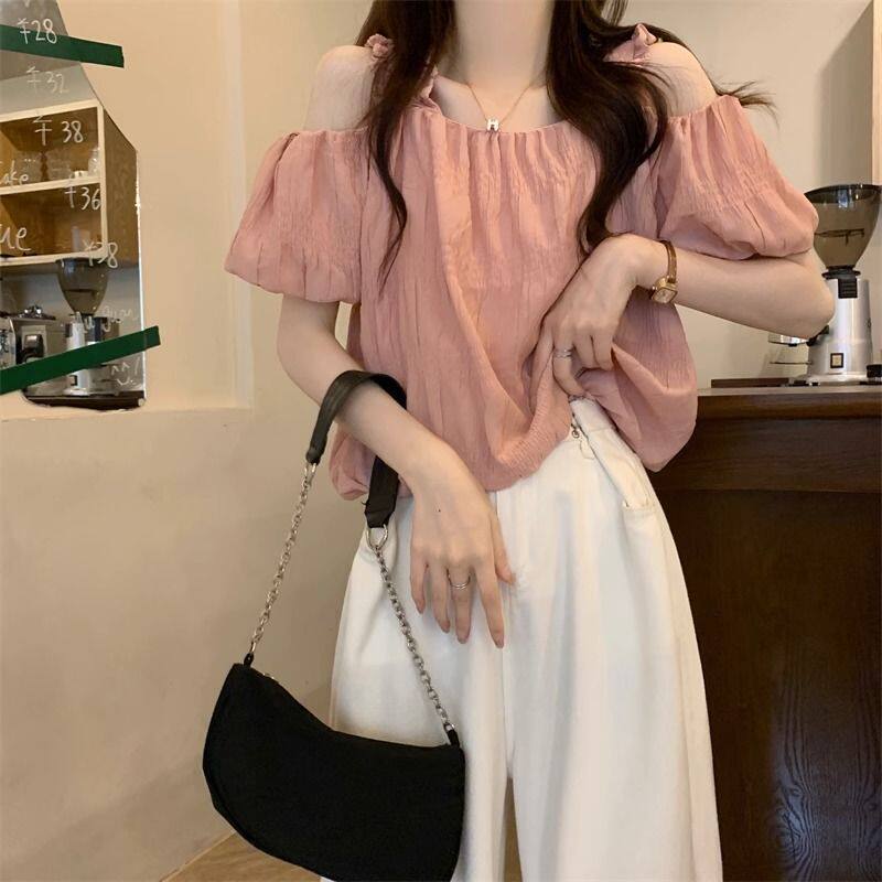 Chic Pink Off-the-Shoulder Puff-Sleeve Blouse