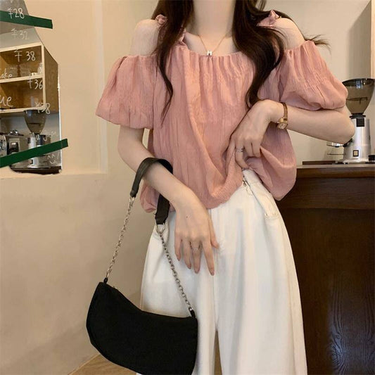 Chic Pink Off-the-Shoulder Puff-Sleeve Blouse