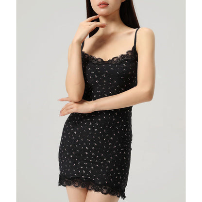 Black Floral Lace-Trimmed Slip Dress