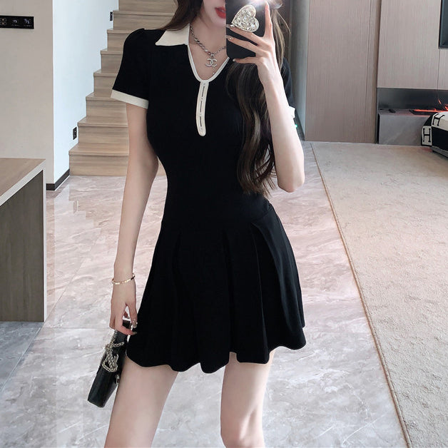 Audrey Hepburn-Style Black Color-Block Polo Dress