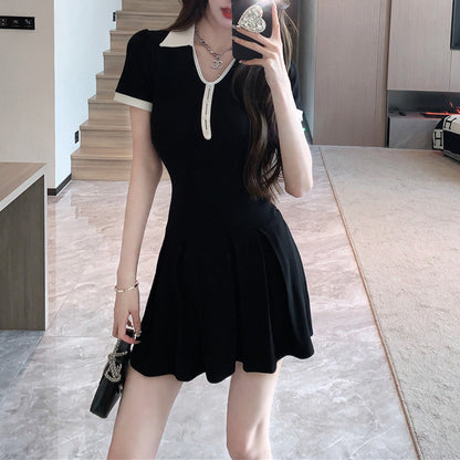 Audrey Hepburn-Style Black Color-Block Polo Dress