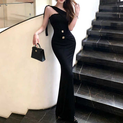 French-Style Sexy Sleeveless Halter Neck Black Dress