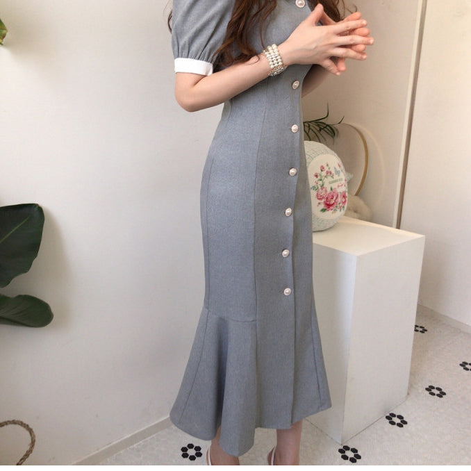 Elegant Collared Waist-Cinching Puff Sleeve Dress