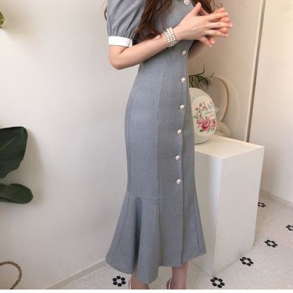 Elegant Collared Waist-Cinching Puff Sleeve Dress