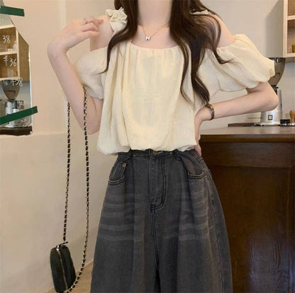 Chic Pink Off-the-Shoulder Puff-Sleeve Blouse