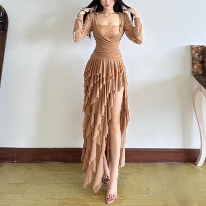 Solid Color Square Neck Long Sleeve Top Sexy Temperament Irregular Slit Skirt Suit