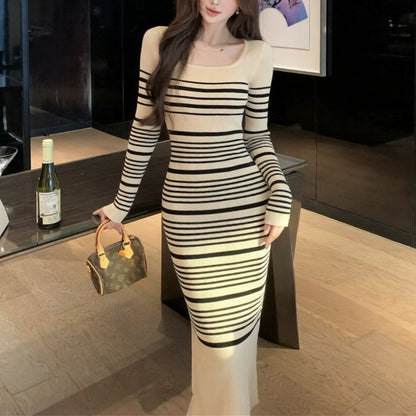 Sexy Square-Neck Striped Knit Dress