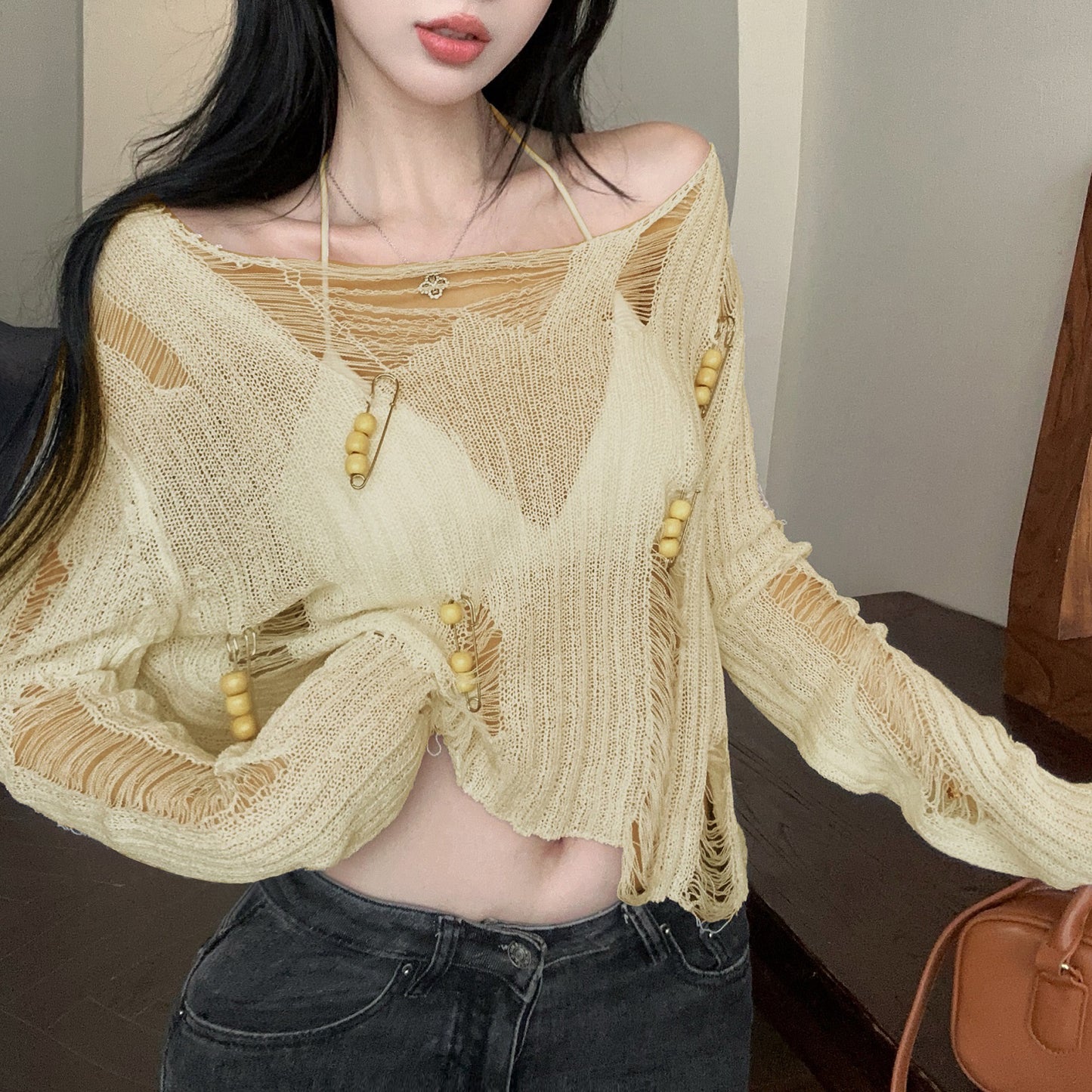 Hollow Loose See-Through Knitted Cardigan Top