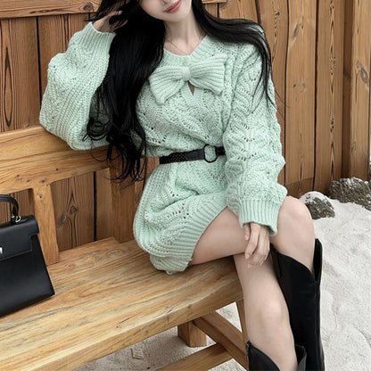 Lazy Style Sweet And Sexy Bow Knitted Sweater Dress