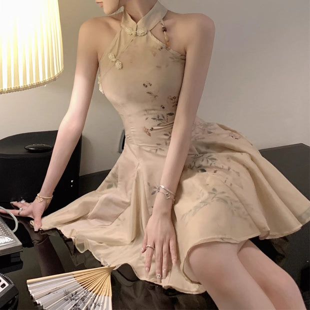New Chinese Style Sleeveless Halter Neck Suspender Dress