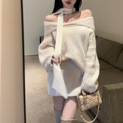 Off-Shoulder Loose Bow Tie Knit Sweater And Skirt Two-Piece Set