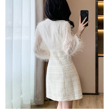 French Tweed Fringed V-Neck Dress