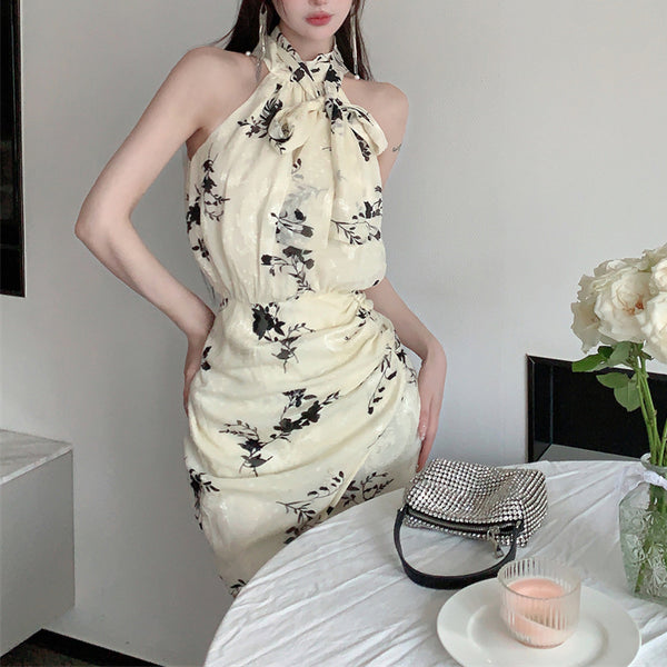 Halterneck Strappy Printed Off-Shoulder Irregular Dress