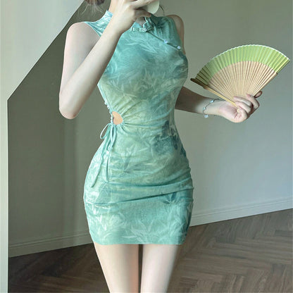 New Chinese Style Bamboo-Patterned Button Cheongsam Dress