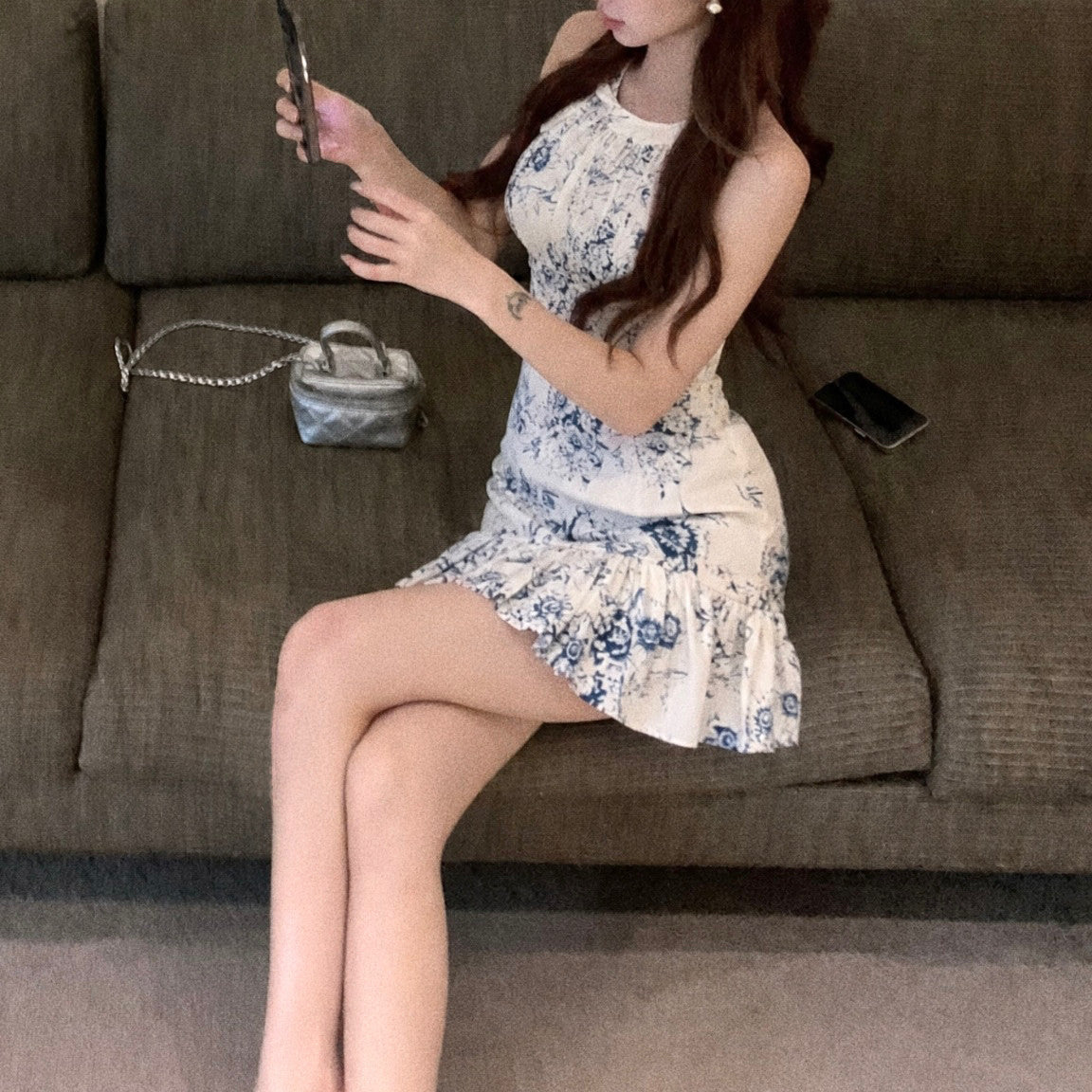 New Chinese-Style Ink-Wash Print Off-Shoulder Sleeveless Dress