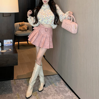 Sexy Colorful Crochet Knit Sweater And Pleated Skirt Set