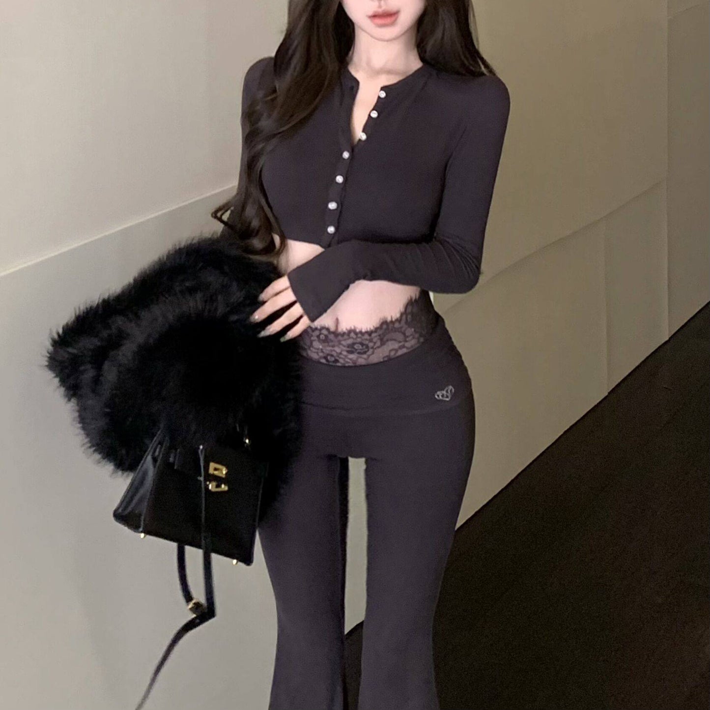 Sexy Long-Sleeved Top And High-Waisted Slightly Flared Casual Pants Two-Piece Set