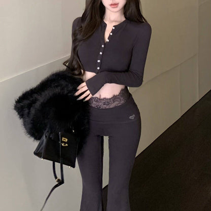 Sexy Long-Sleeved Top And High-Waisted Slightly Flared Casual Pants Two-Piece Set