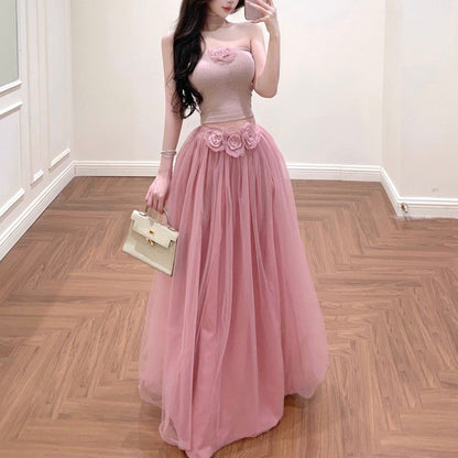 Sweet And Elegant Strapless Crop Top And High-Waisted Loose Mesh Skirt Set