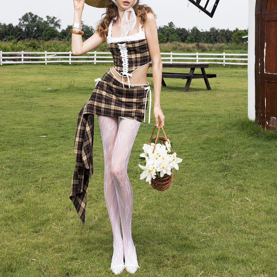 Sweet Lace-Trimmed Plaid Skirt Two-Piece Suit