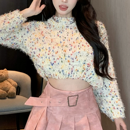Sexy Colorful Crochet Knit Sweater And Pleated Skirt Set