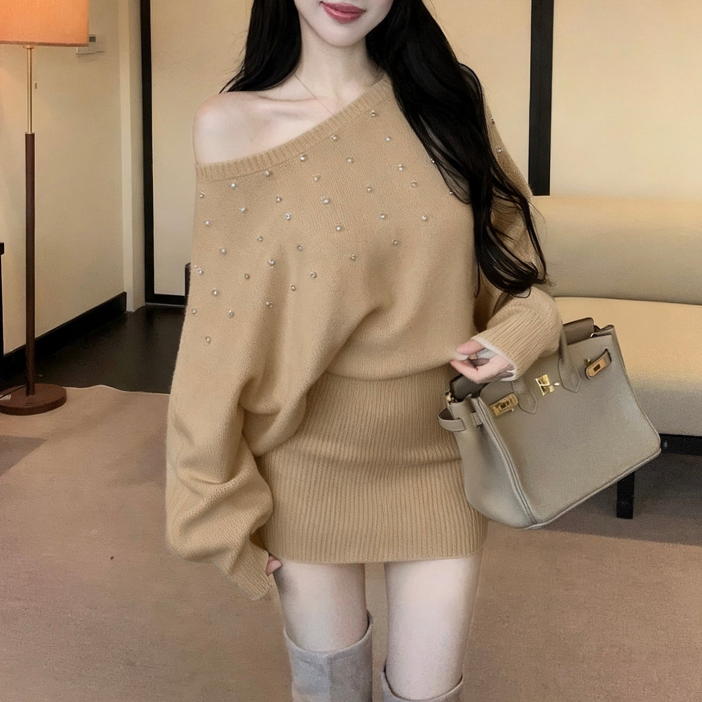 French-Style Sexy Off-Shoulder Rhinestone Knit Dress