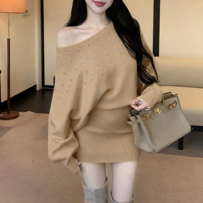 French-Style Sexy Off-Shoulder Rhinestone Knit Dress