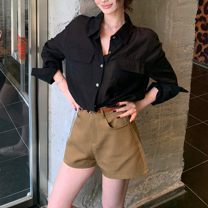 Polo-Collar Single-Breasted Shirt And Loose Shorts Set