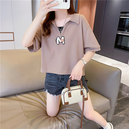 Loose Oversized Polo Neck Short-Sleeved Top