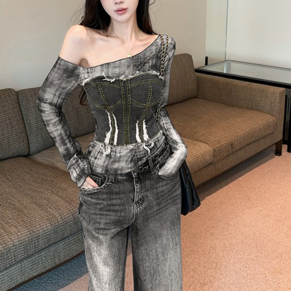 Printed Denim Long-Sleeved T-Shirt