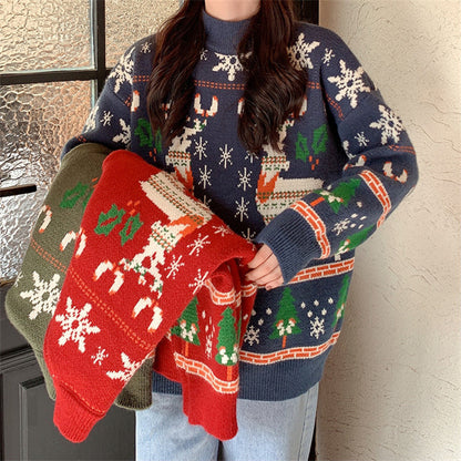 Sweet Loose Round Neck Pullover Long Sleeve Knitted Christmas Sweater