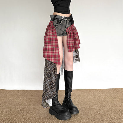 Irregular Waist Cross Tie Plaid Skirt