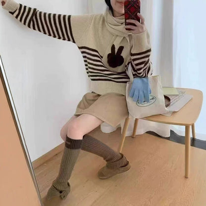 Retro Striped Fashion Crew Neck Sweater With Scarf