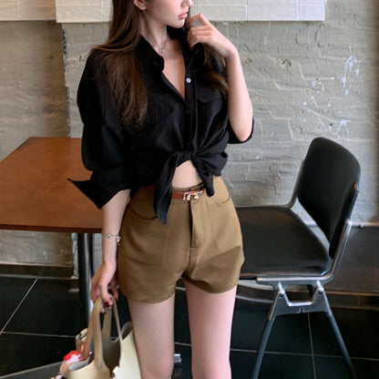Polo-Collar Single-Breasted Shirt And Loose Shorts Set