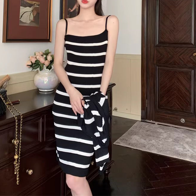 Striped Contrast Cami Dress Knit Cardigan Top Winter Set