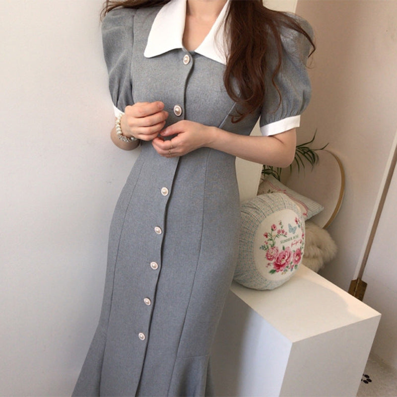Elegant Collared Waist-Cinching Puff Sleeve Dress
