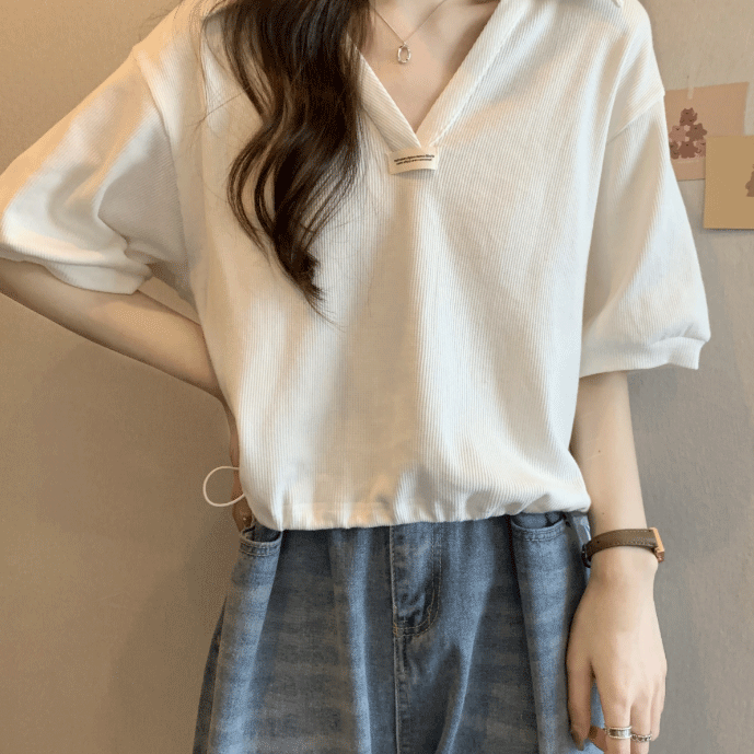 Letter-Print Drawstring Polo T-Shirt