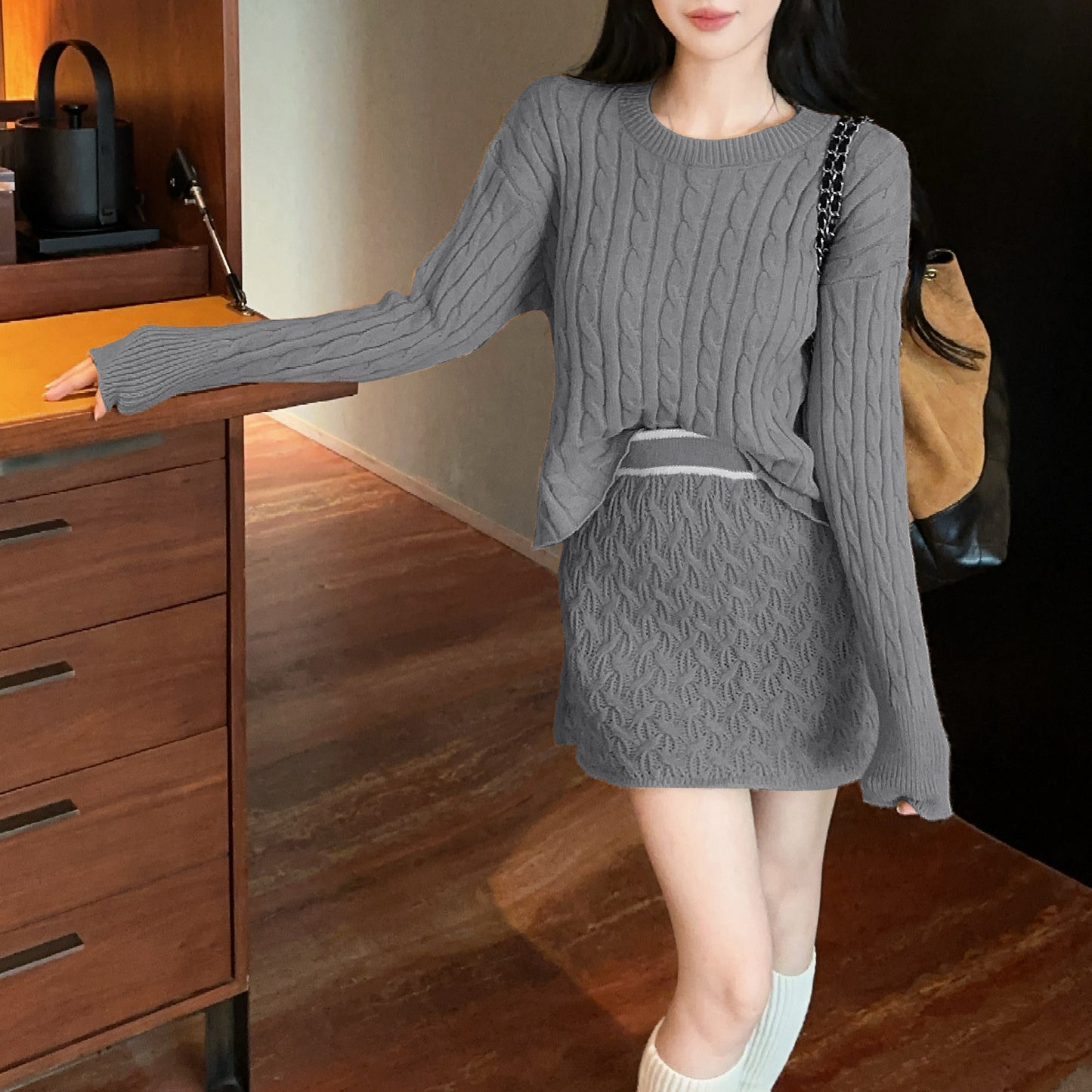 Retro Sexy Round Neck Cable Knit Top High Waist Miniskirt Set